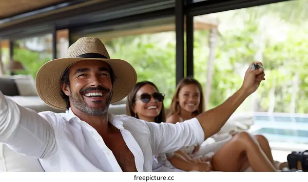 Happy Family Taking a Selfie by the Pool
