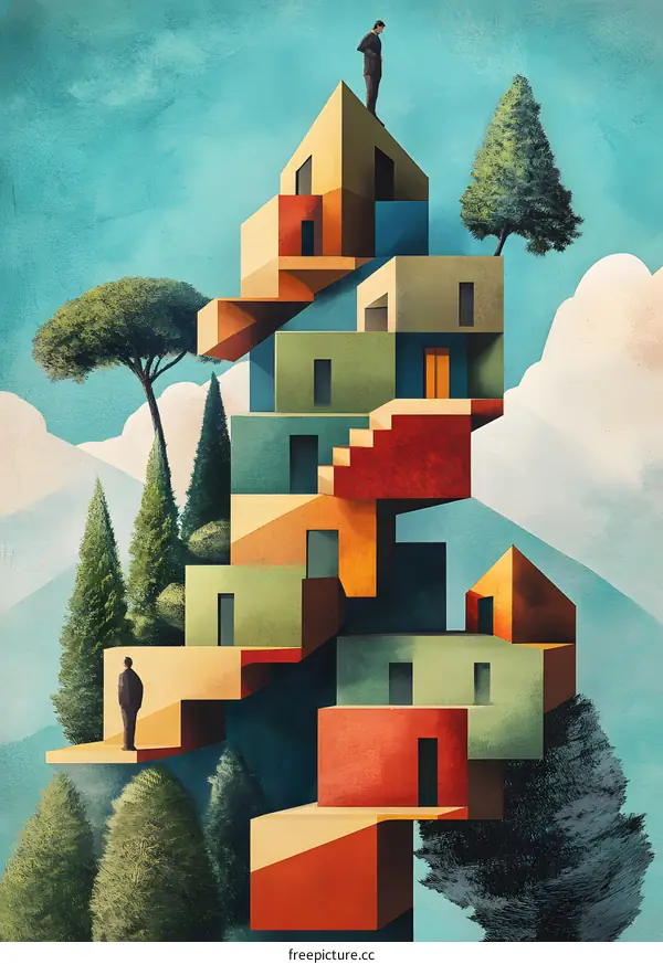 Abstract Illustration of People Standing on a Stacked House