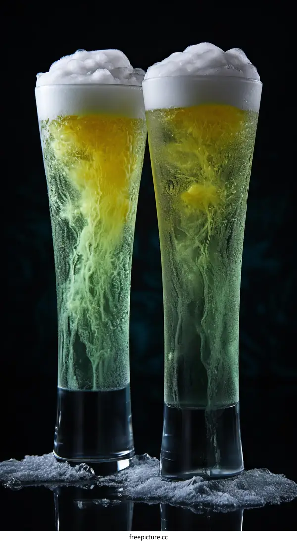 Two Green Foamy Glasses of Beer