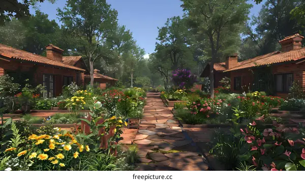 Courtyard with colorful flowers and stone footpath