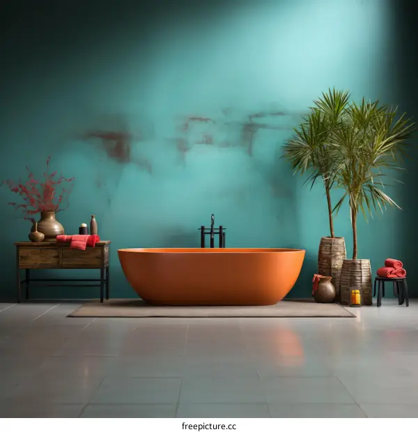 A bathroom with an orange bathtub and a green wall