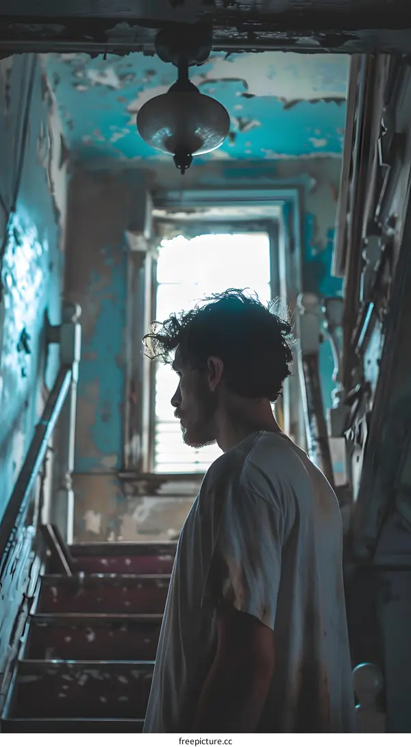 man in white shirt standing in abandoned building
