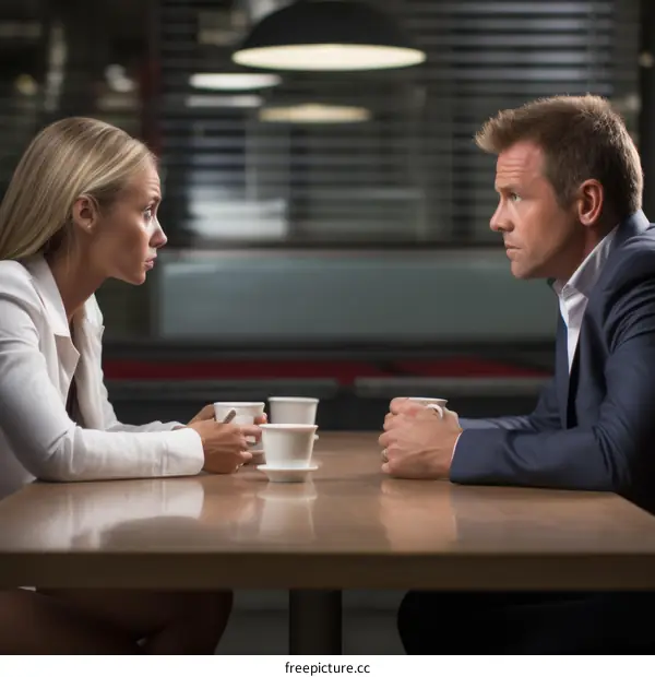 A serious man and woman having an intense conversation over coffee