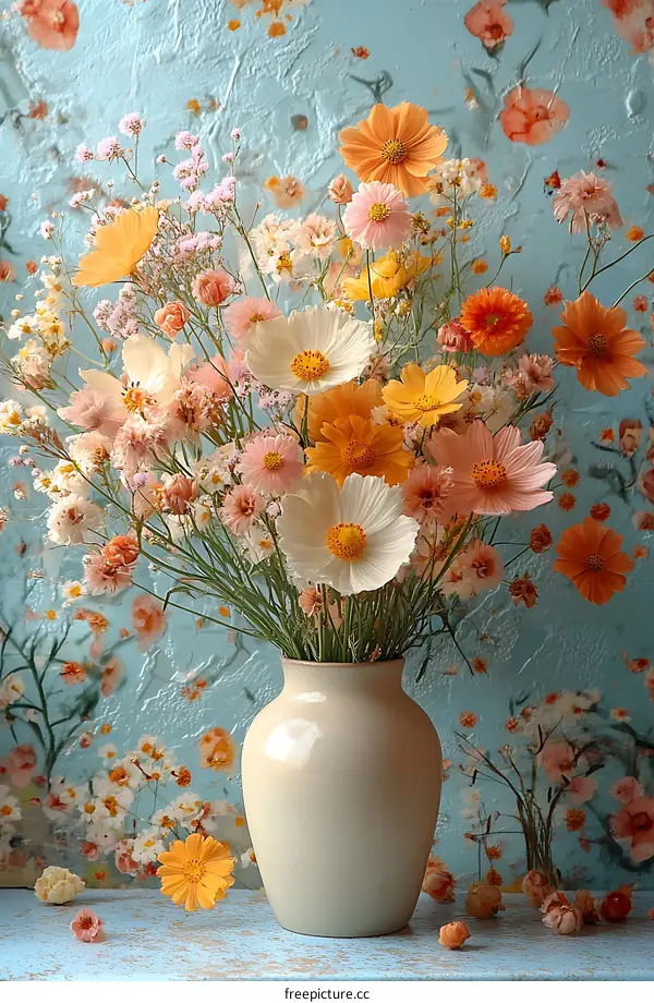 Floral Bouquet in White Vase on Blue Background