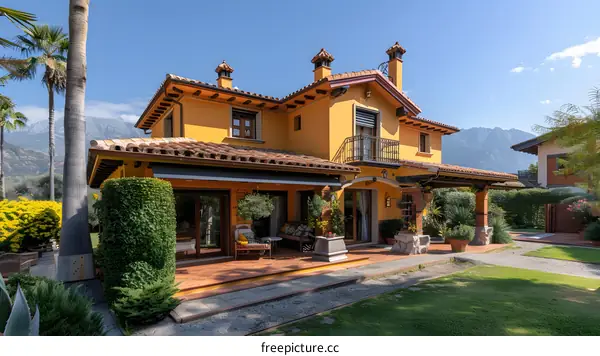 Yellow Mediterranean House with Palm Trees and Mountain View