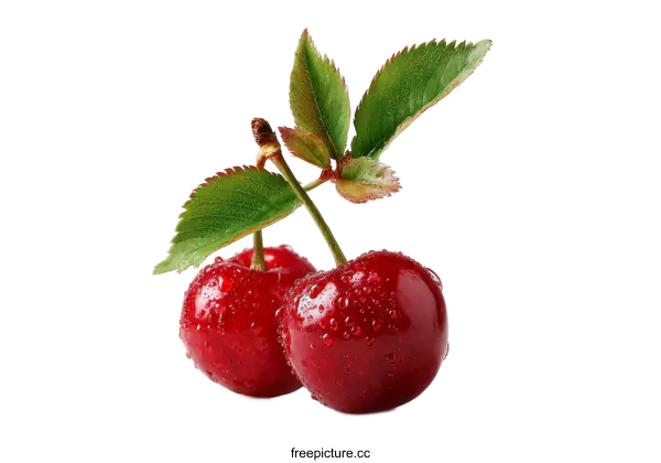 [Transparent Background PNG]Fresh Cherries with Dew Drops and Leaves