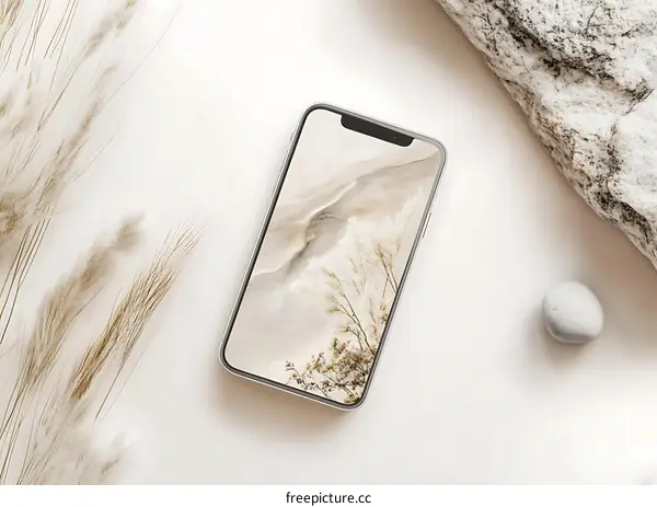 Minimalist Phone Mockup With Neutral Colors and Natural Elements