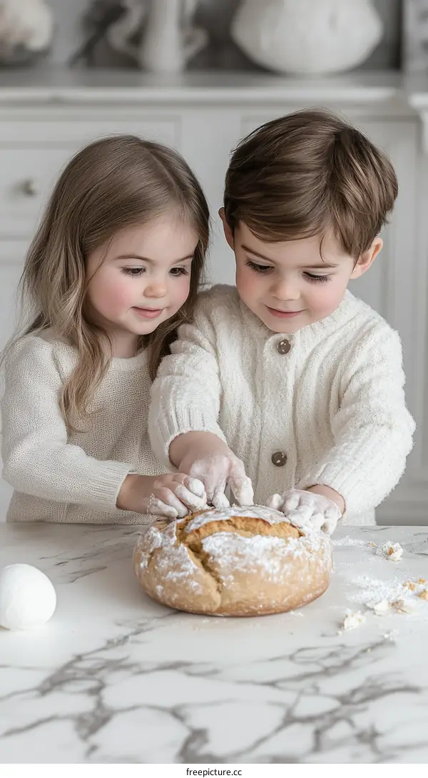 Two Children Making Bread Together in a Kitchen