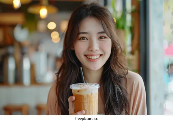 Smiling woman holding a cup of iced coffee