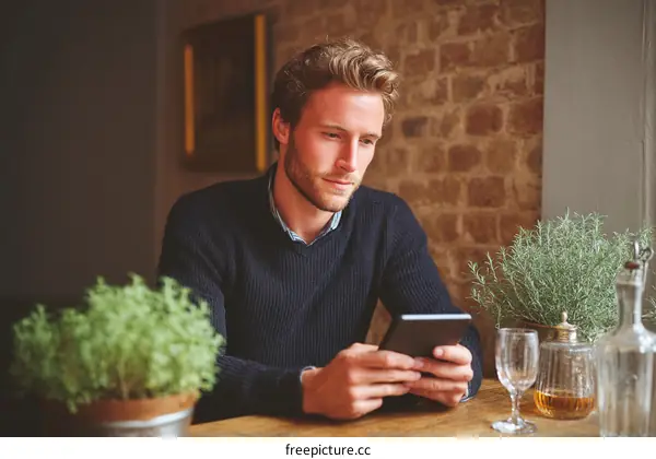 Man Reading E-reader in a Cozy Cafe
