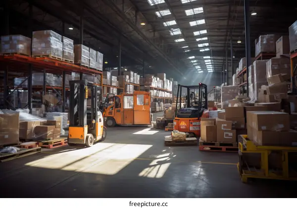 Spacious Warehouse with Forklifts and Shelves Stocked with Boxes