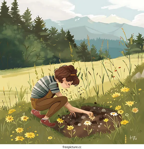 Girl Planting Flowers in a Meadow