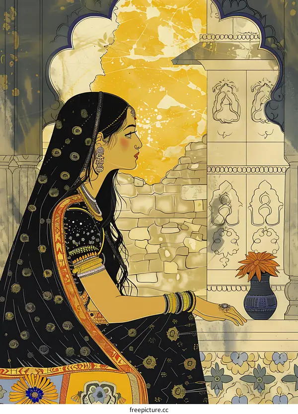 Indian Woman in Traditional Dress Sitting by an Ancient Wall