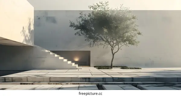 Minimalist Architecture with a Tree and Stairs in a Courtyard