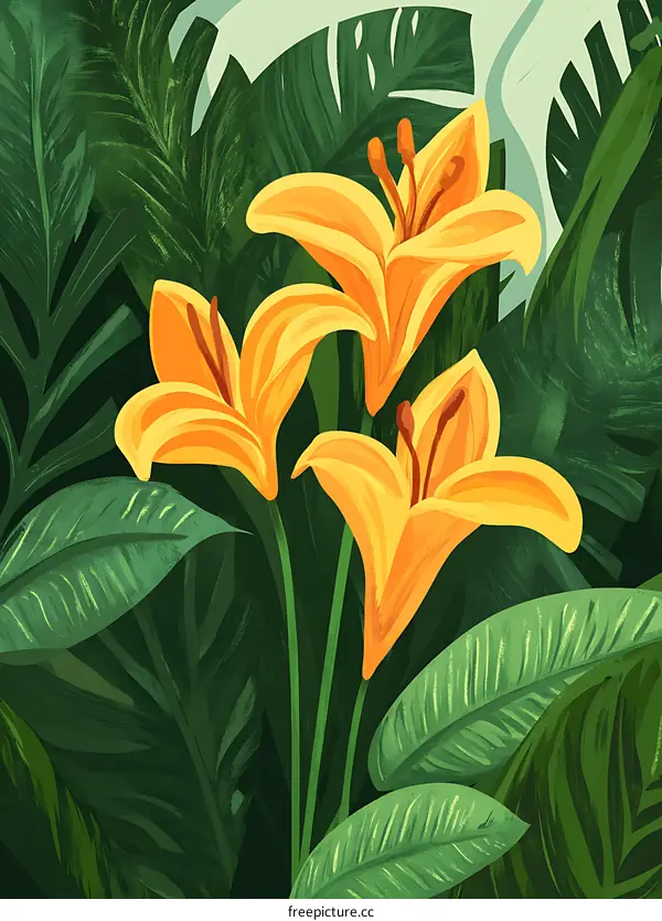 Yellow Lilies in Lush Tropical Foliage
