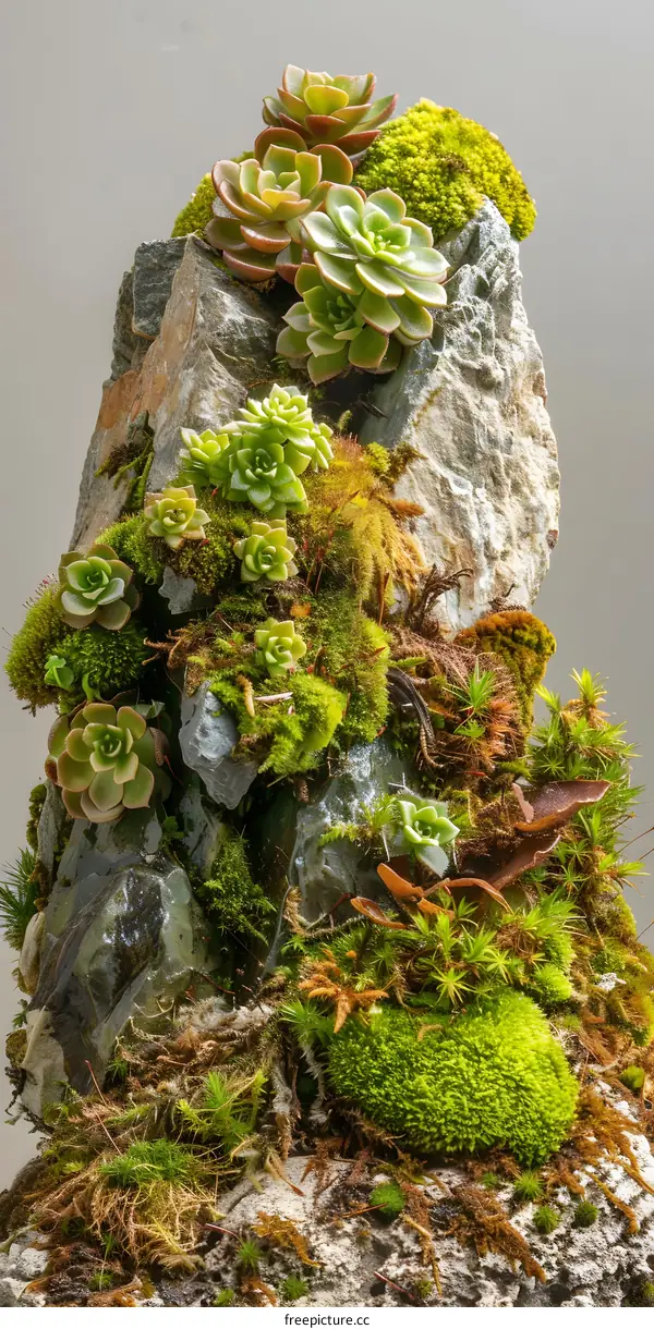 Close Up of Green Moss and Succulents on a Rock