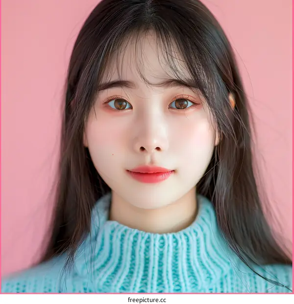 Beautiful Asian Woman with Long Black Hair Wearing Blue Sweater