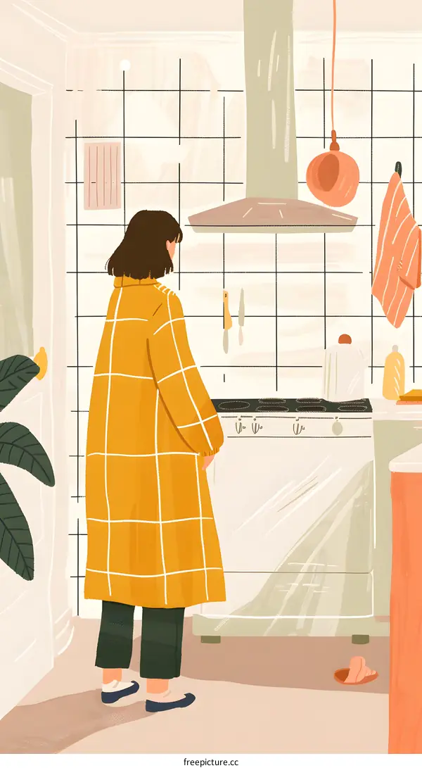Woman In Kitchen Wearing Yellow Plaid Coat