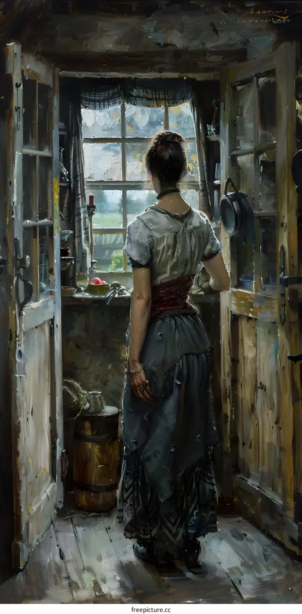 A woman standing in a doorway looking out at the rain