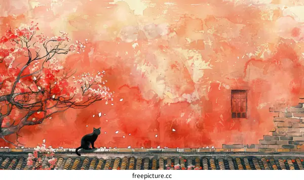 Black Cat on Peach Blossom Roof