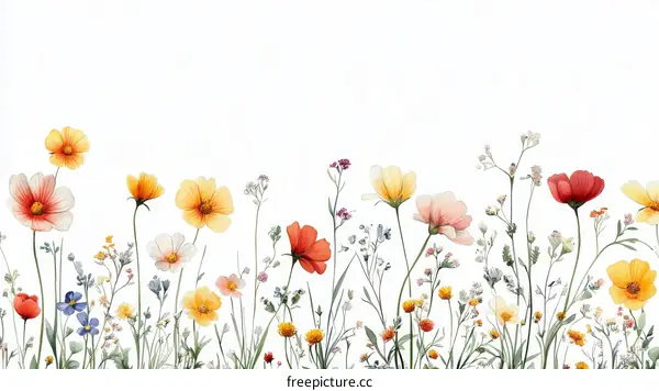 Watercolor Flowers and Grass Border Design