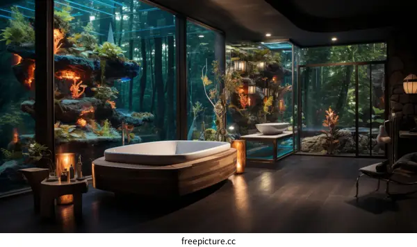 bathroom with large windows overlooking a lush forest