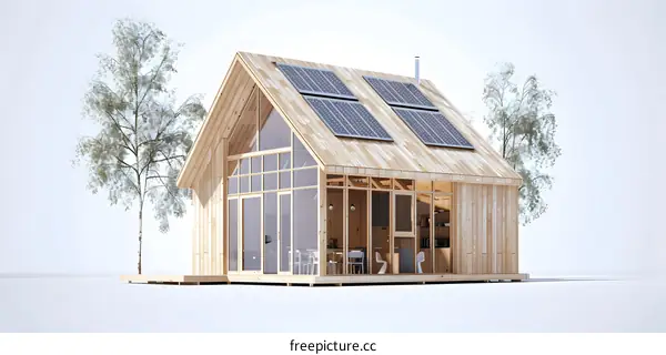 Modern Wooden Cabin with Solar Panels and Trees