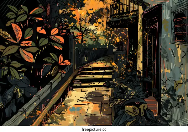 Autumn Illustration Of A Narrow Alley With Stone Steps And A Building