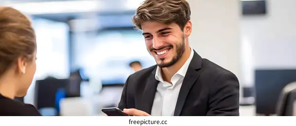 Smiling Man Showing Smartphone to Woman in Office