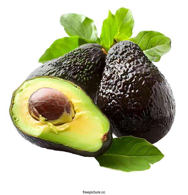 [Transparent Background PNG]Black avocados with green leaves