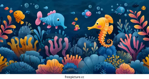 Colorful Underwater Scene with Cute Fish and Seahorse