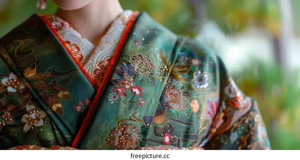 Closeup of a Woman Wearing a Traditional Japanese Kimono with Floral Embroidery