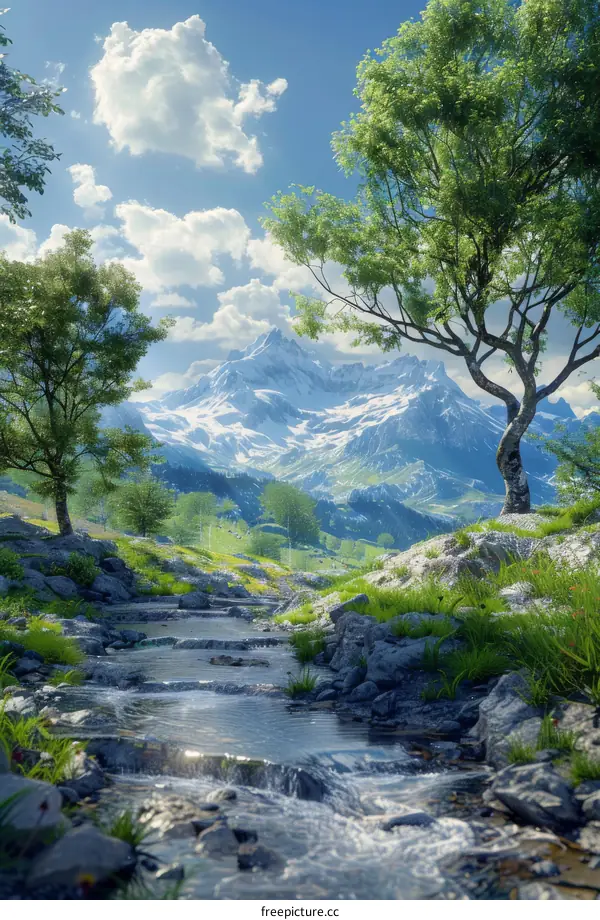 Majestic Mountain Range with River and Trees