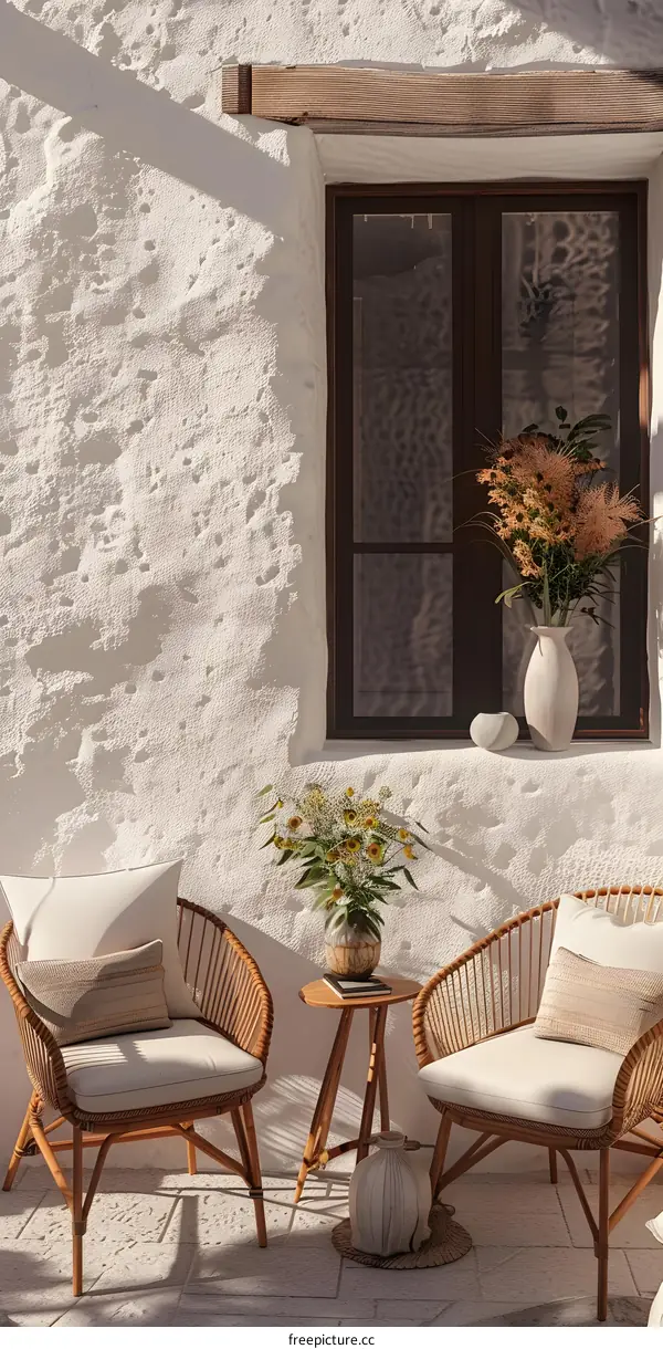 White Wall Patio with Rattan Chairs and Flowers