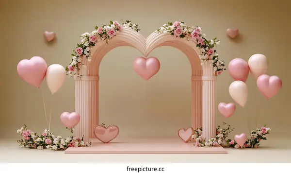 Romantic Pink Heart Arch with Flowers and Balloons