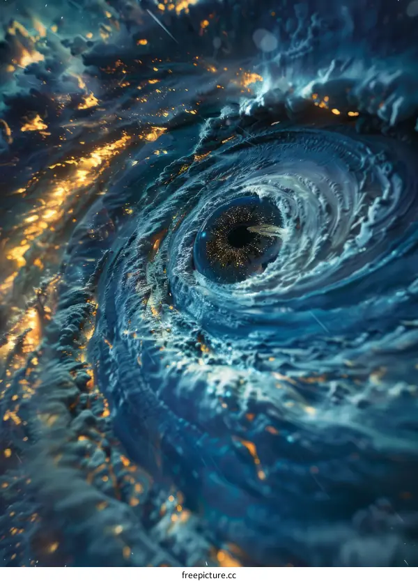 Blue and gold abstract painting of a hurricane or tornado