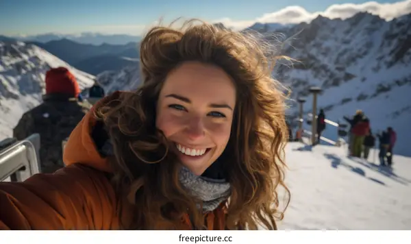 A woman in an orange jacket smiles for a selfie on a snowy mountaintop