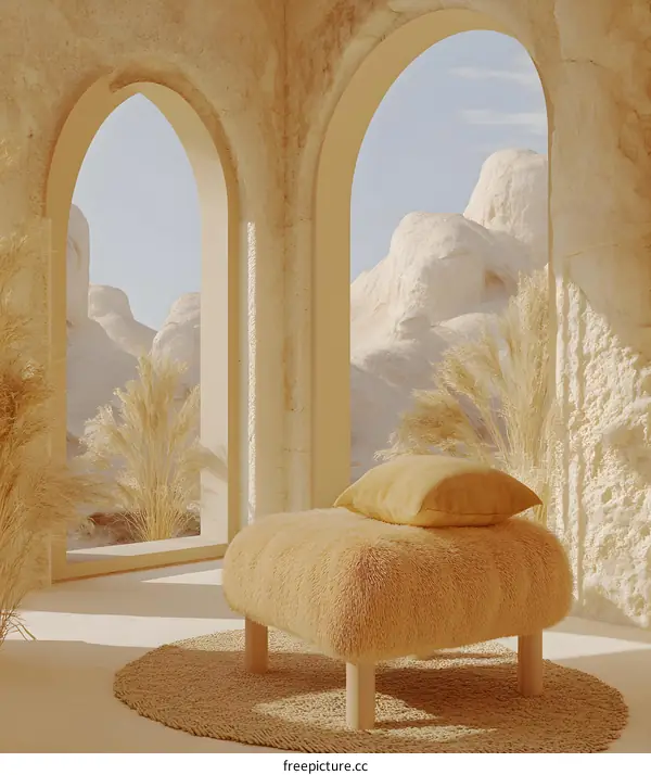 Beige and Brown Minimalist Ottoman With Pillows