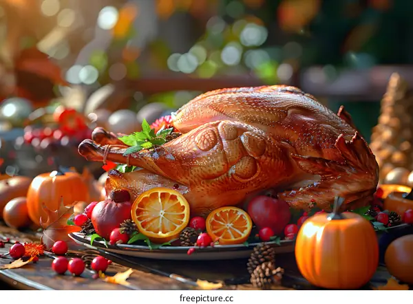 Roasted turkey with oranges and cranberries on a wooden table