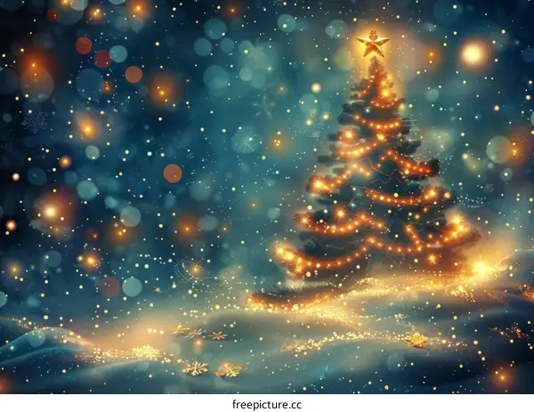 Christmas tree with lights and decorations in the snow