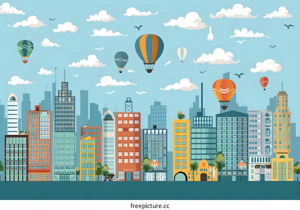 Cityscape with Hot Air Balloons in the Sky