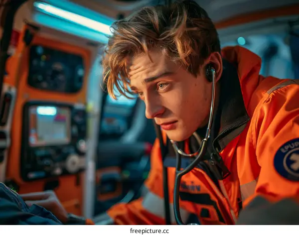 Young male paramedic checking patient's vital signs