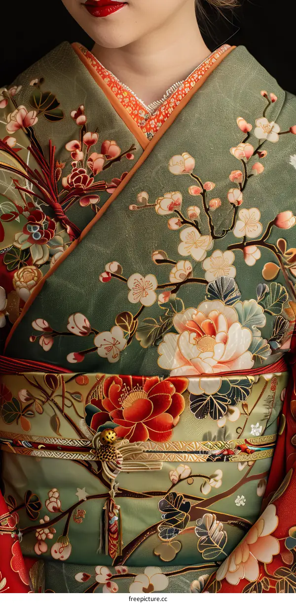 Close up of a woman wearing a kimono with a floral pattern