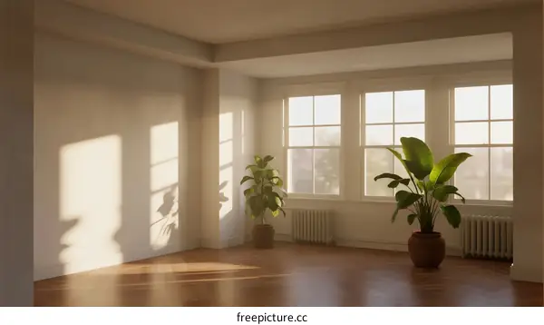 Bright and empty room with large windows and indoor plants