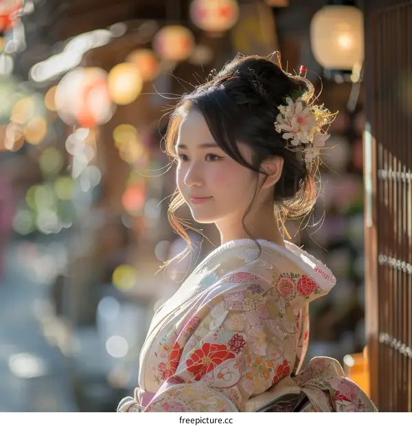 Japanese Woman Wearing Traditional Kimono in Front of a Building