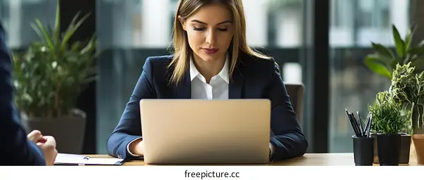 Woman Working on Laptop in Office