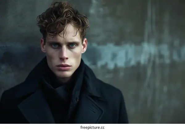 Portrait of a young man with curly hair and blue eyes