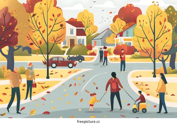 Autumn Day in the Neighborhood with People Walking and Playing