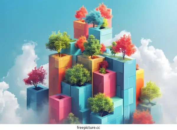 Colorful 3D Illustration of Trees Growing on Geometric Platforms