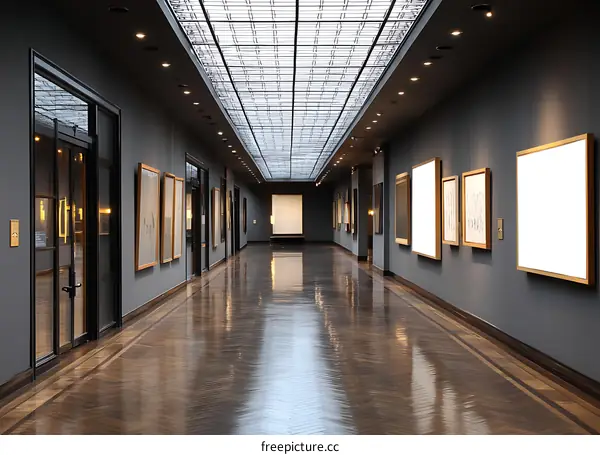 Modern Empty Gallery Corridor with Artwork Displays